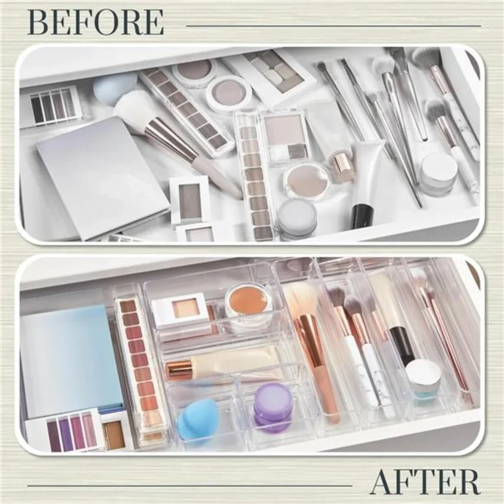 10-Piece Stackable Clear Drawer Organizer Set | Multi-size Trays | Makeup Vanity
